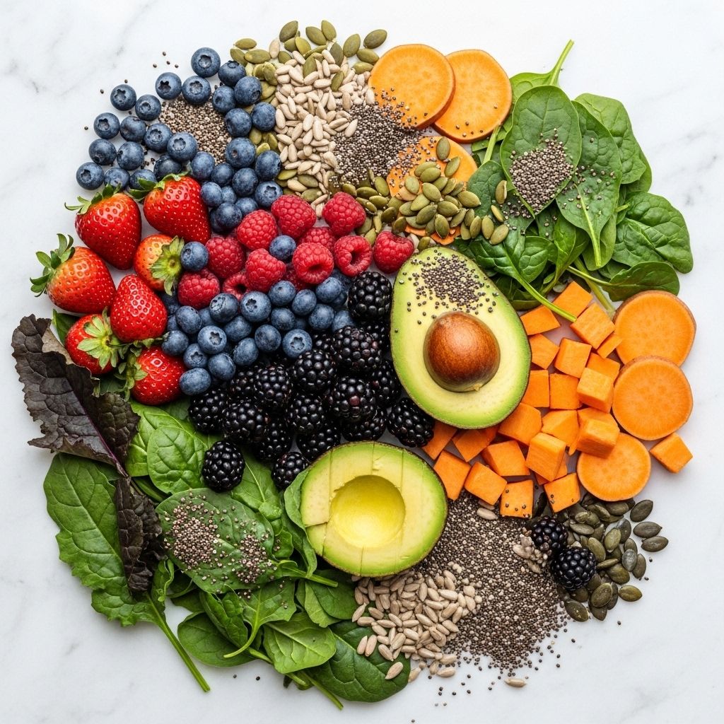 Vibrant arrangement of mixed berries, dark leafy greens, orange sweet potatoes, seeds, and avocado on a white marble surface, showcasing a broad spectrum of whole food nutrients