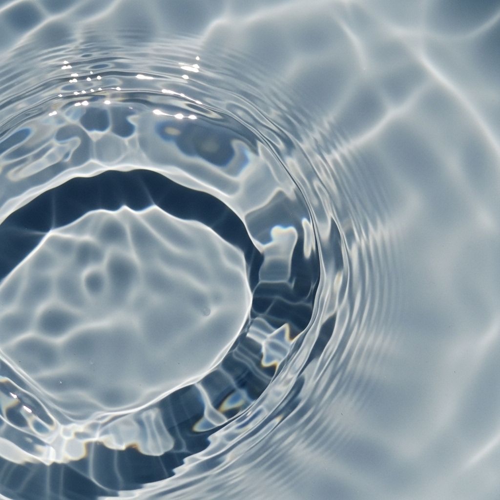 Macro photograph of clear water surface with light refracting through gentle ripples, creating abstract patterns of light and texture that evoke the sensation of multiple senses simultaneously